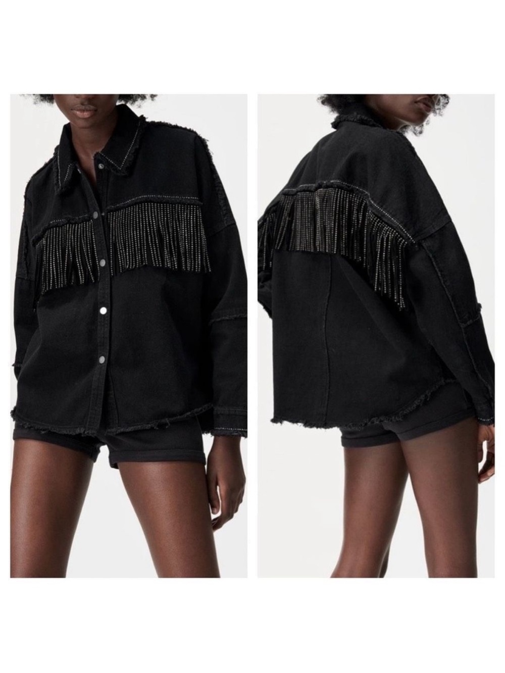 ZARA Black Fringe Silver Studded Denim Jacket